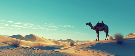 Lone camel stands gracefully against sweeping sand dunes in a tranquil desert. The colorful sky reflects the peaceful twilight ambiance, creating a serene atmosphere.の素材