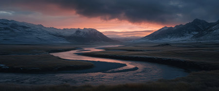 Morning light illuminates a tranquil mountain landscape, with a winding river reflecting colorful hues of sunrise. Ideal for outdoor enthusiasts seeking adventure in nature.の素材