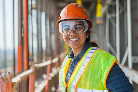 A civil engineer with a bright smile, safety goggles, and a reflective vest stands confidently on a bridge under construction, surrounded by scaffolding and ongoing work.の素材