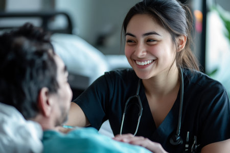 A nurse with a warm smile engages with a patient lying in bed, providing comfort and care in a hospital room. The atmosphere is calm and supportive, showing dedication to patient well-being.の素材