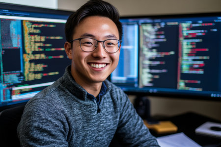 A software engineer is smiling confidently at the camera, surrounded by dual monitors displaying colorful lines of code. The modern office exudes a productive atmosphere.の素材