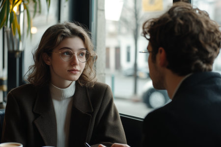 A young lawyer and her client sit across from each other at a cafe, engaged in a serious discussion about legal matters while enjoying warm beverages in a bright setting.の素材