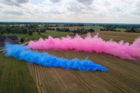 A large setup for a gender reveal is captured from above, showcasing swirling clouds of pink and blue powder across an expansive field, creating a festive atmosphere.の素材