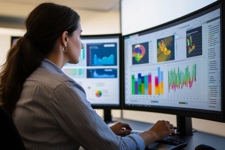 A business analyst examines colorful visualizations on multiple screens, delving into customer trends and insights. The modern workspace enhances data analysis for informed decision-making.の素材