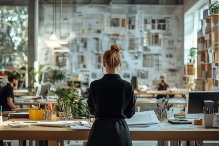 An architect focuses on design tasks at a co-working space bustling with creative individuals. Natural light illuminates the modern workspace filled with architectural tools.の素材