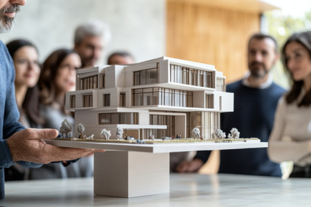 An architect showcases a detailed scale model of a contemporary building to a group of engaged clients, highlighting design features and planning concepts in a professional environment.の素材