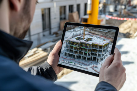 An architect is focused on a tablet displaying an intricate 3D model of a building under construction. The site shows various construction elements and progress.の素材