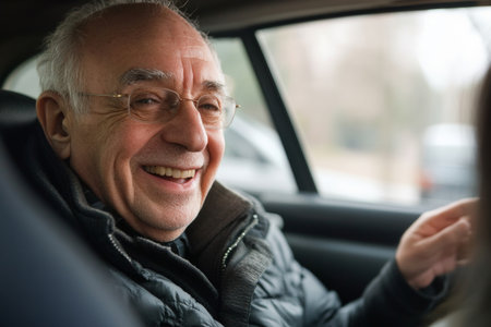 An elderly taxi driver shares a friendly conversation with a passenger while driving through a lively city street, capturing a moment of connection and joy.の素材