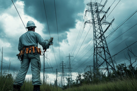 An electrician inspects high-voltage power lines, ensuring safety measures are in place. Dark clouds loom overhead, reflecting the seriousness of the task at hand.の素材