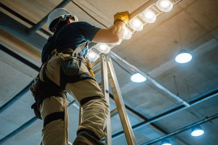 An electrician is carefully installing energy-efficient LED lights in a commercial building, using a ladder to reach the ceiling while ensuring proper safety measures.の素材