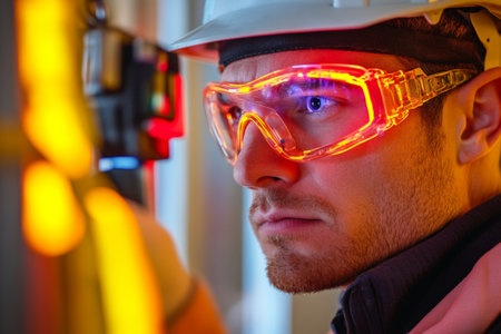 A skilled electrician uses a thermal imaging camera to identify overheating wires, ensuring safety and efficiency while wearing protective glasses in a work environment.の素材