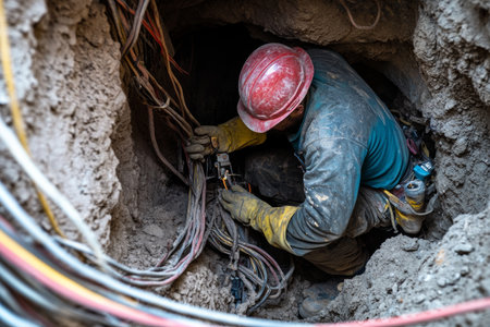 An electrician is working in a cramped underground area, skillfully repairing electrical cables surrounded by dirt and wires. The worker focuses intently on their task.の素材