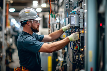 An electrician focuses on maintaining complex electrical systems within a factory, surrounded by heavy machinery. The environment is well-lit, emphasizing the technical work being performed.の素材