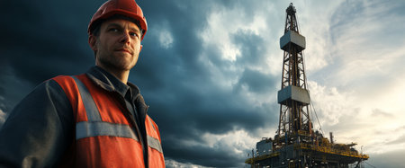 A skilled oil rig engineer poses confidently, wearing protective gear and a hard hat, with a large drilling rig towering behind him. The atmosphere features a moody, cloudy sky.の素材