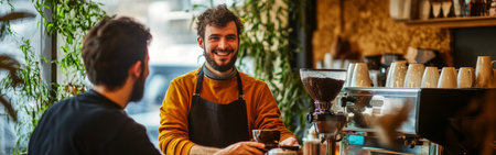 In a cozy cafe, a barista with a smile prepares to serve coffee to a customer, creating a friendly atmosphere filled with warmth and delight.の素材