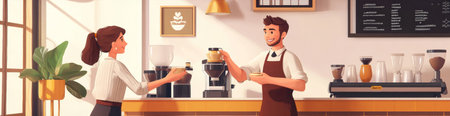 A friendly barista engages with a customer in a warm, inviting cafe. The bright atmosphere highlights coffee-making equipment and a lush plant, enhancing the cozy feel.の素材