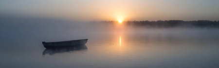 Soft sunlight spills over a foggy lake as a fishing small boat floats quietly, capturing the peaceful essence of dawn. This tranquil moment invites reflection and serenity.の素材