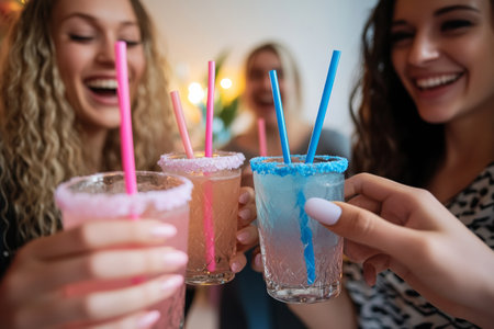 At a vibrant gender reveal party, guests joyfully toast with drinks featuring pink and blue straws, capturing the festive atmosphere of the occasion.の素材