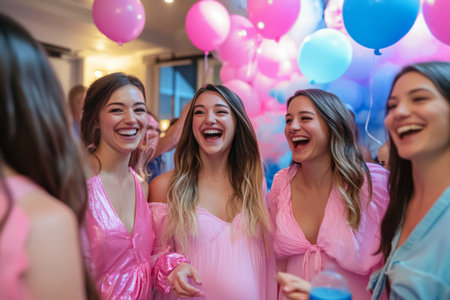 Laughter fills the air as guests wearing pink and blue outfits enjoy a vibrant gender reveal party. Colorful balloons and joyful interactions create a festive ambiance.の素材