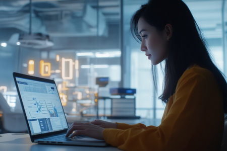 A focused marketer engages with AI tools on a laptop in a sleek, modern office. The bright environment highlights advanced technology as she develops strategies for campaign success.の素材