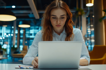 A young professional focused on analyzing digital campaign data on a laptop sits at a sleek desk in a contemporary office.の素材