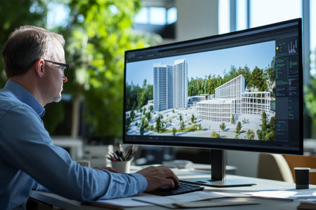 Architect designer focuses on detailed analysis of 3D building models displayed on a high-resolution monitor in a modern office environment during daytime.の素材