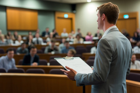 A businessman stands confidently at the front of a contemporary conference room, delivering a presentation to an engaged audience. Colleagues listen attentively as strategies are discussed.の素材