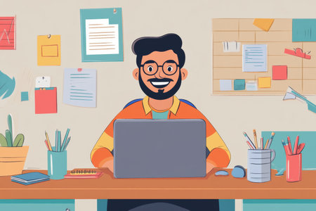 A cheerful administrator smiles while working at a desk. The workspace is bright and organized with a laptop, office supplies, plants, and a coffee cup. The atmosphere feels productive and welcoming.の素材