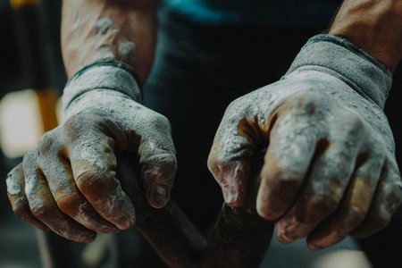 Close-up view of chalk-covered hands gripping weights, showing the intensity of strength training at a gym. This moment captures the dedication and effort behind lifting heavy.の素材
