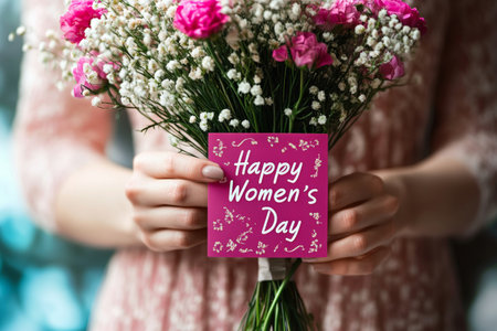 Delicate hands hold a vibrant bouquet of flowers, accompanied by a handwritten card that reads Happy Women's Day, celebrating the spirit of womanhood.の素材