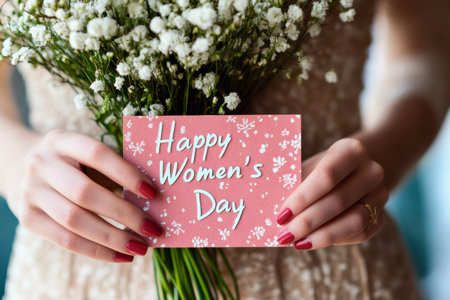 Hands delicately clutch a beautiful bouquet adorned with tiny white flowers, presenting a heartfelt card that expresses warm wishes for Women's Day, embodying love and celebration.の素材