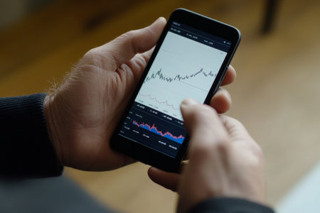 Close-up of an entrepreneur's hands gripping a smartphone showing detailed stock market graphs. The setting reflects a focused analysis moment, highlighting financial engagement and decision-making.の素材