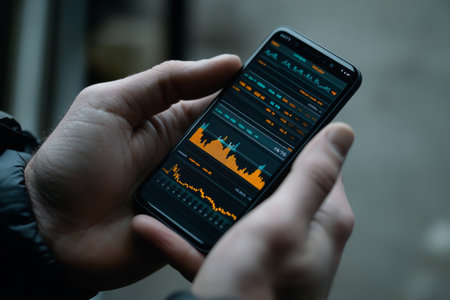 Hands of an entrepreneur grip a smartphone displaying detailed stock market graphs. The individual focuses on market trends and data analysis in a dynamic trading environment.の素材