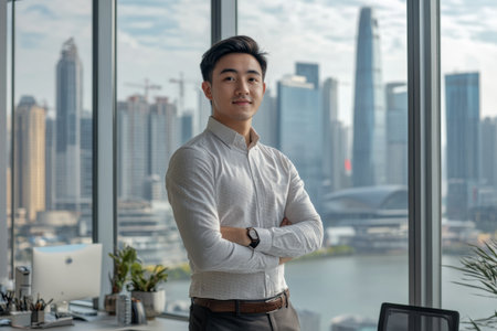 A confident young entrepreneur stands with arms crossed near a glass window in a modern office. The impressive city skyline serves as a backdrop, showing a vibrant urban environment.の素材