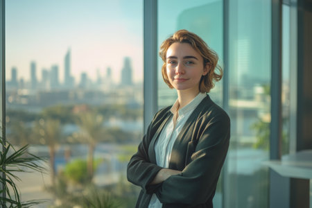 A young entrepreneur exudes confidence while standing by a glass window in a modern office. The vibrant city skyline serves as a backdrop, hinting at early morning light.の素材