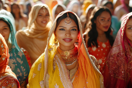 Women in colorful traditional attire come together to celebrate Women's Day at a lively cultural festival, showcasing unity and cultural heritage in a joyful atmosphere.の素材