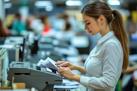 In a bustling office setting, a female administrator on making photocopies while organizing stacks of documents. The atmosphere is dynamic and efficient, reflecting a typical workday.の素材