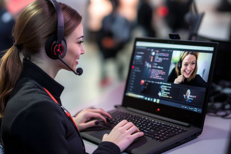 A female entrepreneur is actively hosting an online webinar while wearing a headset, connecting with participants through her laptop. The setting is bright and dynamic, enhancing the interaction.の素材