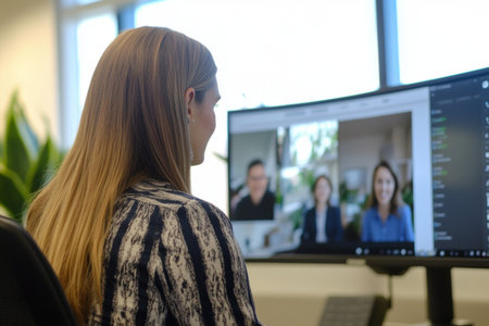 Inside a contemporary office, a female administrator actively participates in a video conference. She interacts with colleagues displayed on her computer screen, fostering collaboration.の素材