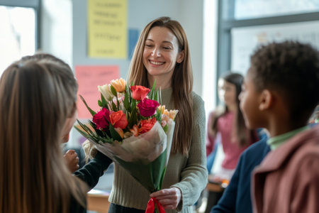 In a vibrant classroom, a female teacher joyfully accepts a bouquet of flowers from her students, celebrating Women's Day with smiles and appreciation.の素材