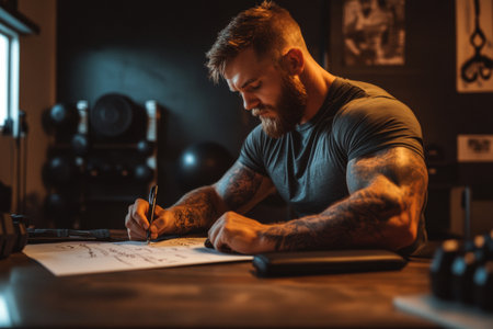 A dedicated fitness coach meticulously writes a personalized workout plan for a client, demonstrating expertise and commitment in a modern gym environment during daylight.の素材