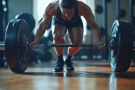 Muscle-focused individual engages in deadlifts, showing exceptional posture and technique. The workout takes place in a well-lit gym setting, highlighting strength and determination.の素材
