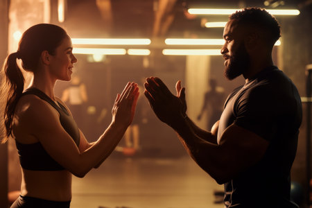 A fitness trainer enthusiastically claps hands to inspire a client during a workout in a well-lit gym. The atmosphere is filled with determination and encouragement.の素材
