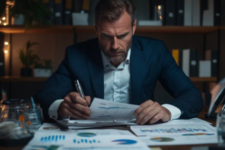 A businessman reviews financial reports, meticulously analyzing graphs and data points at his desk in a contemporary office, illuminated by soft lighting during the evening.の素材