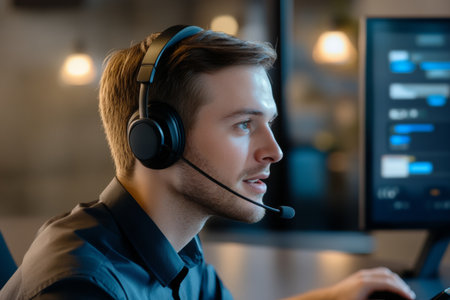 Entrepreneur in a sleek office is deeply focused on a virtual business call. The individual wears a headset and interacts with a digital display, showcasing a professional atmosphere.の素材