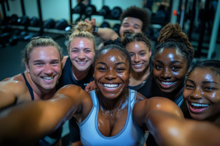 After an intense workout session, a group of friends gathers for a cheerful selfie, their faces glaming with sweat and joy. The atmosphere is filled with excitement and camaraderie.の素材