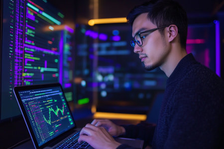 In a tech startup office, a man wearing glasses intently on analyzing data displayed on his laptop. The environment features colorful lighting and digital screens.の素材