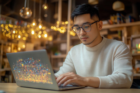A focused man in glasses works on a laptop, analyzing data while surrounded by ambient lighting in a tech startup office. The cozy environment enhances its concentration.の素材