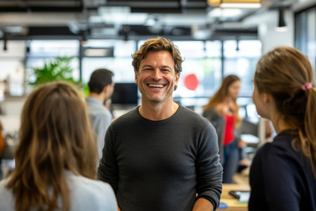 A successful entrepreneur interacts with a group of employees in a bright, open-plan office. The atmosphere is lively and collaborative, reflecting team spirit and innovation.の素材