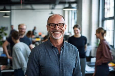 Entrepreneur shares a moment with his diverse team in a bustling open-plan office. Everyone is smiling and collaborating, fostering a positive work environment during the day.の素材